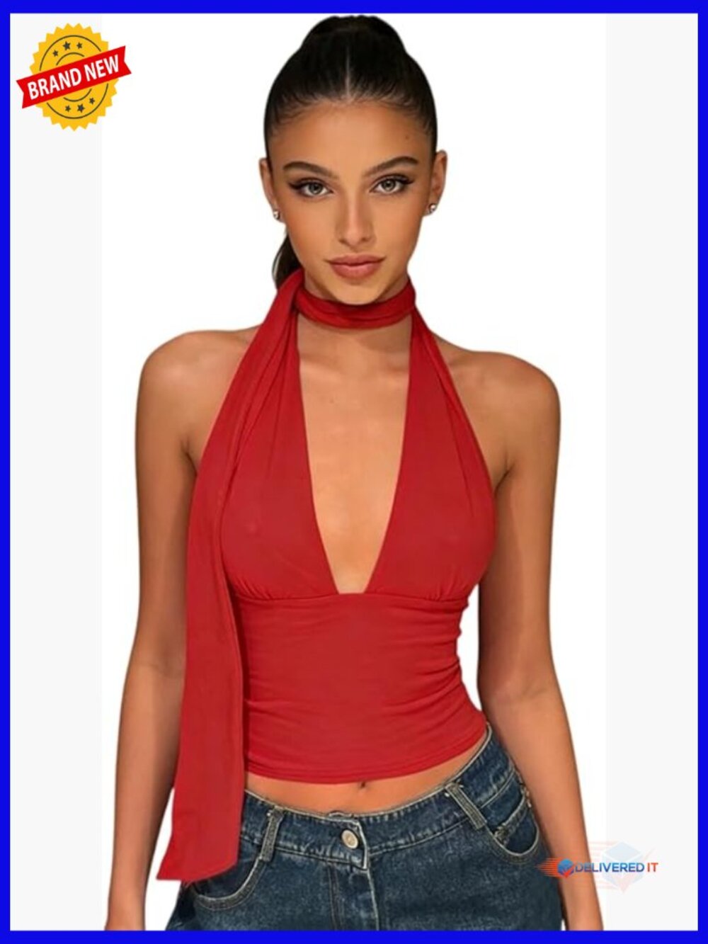 Backless Halter Scarf Top Deep V Neck Crop Y2K Going Out Cami